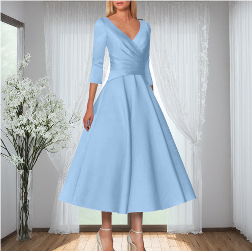 European And American New V-neck Half Sleeve Dress Solid Color Simple Waist Fitted Pettiskirt